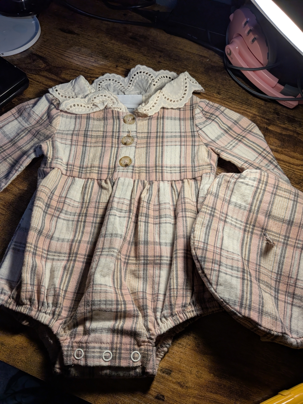 Plaid Baby Romper with Lace Collar in Pink and Cream